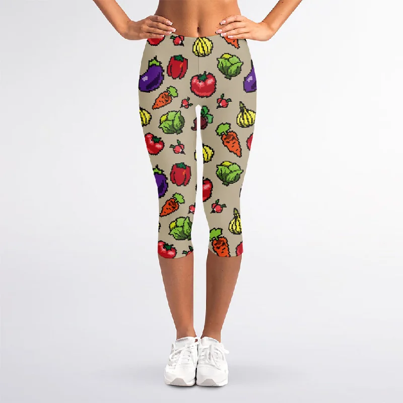 Pixel Vegetables Pattern Print Women's Capri Leggings Comfortable Ribbed Waistband Leggings Pixel Vegetables Pattern Print Women's Capri Leggings Comfortable Ribbed Waistband Leggings