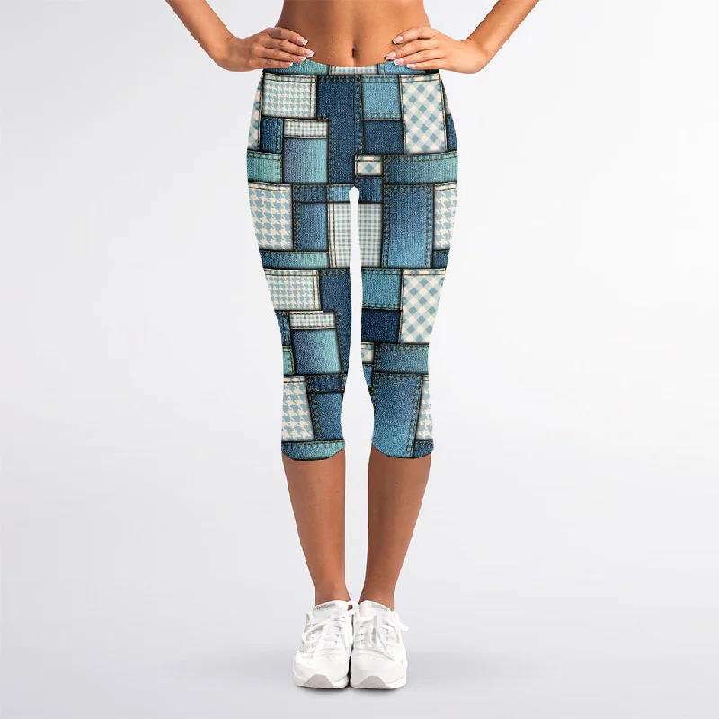 Plaid And Denim Patchwork Pattern Print Women's Capri Leggings Stylish Stretch Pants Leggings Plaid And Denim Patchwork Pattern Print Women's Capri Leggings Stylish Stretch Pants Leggings